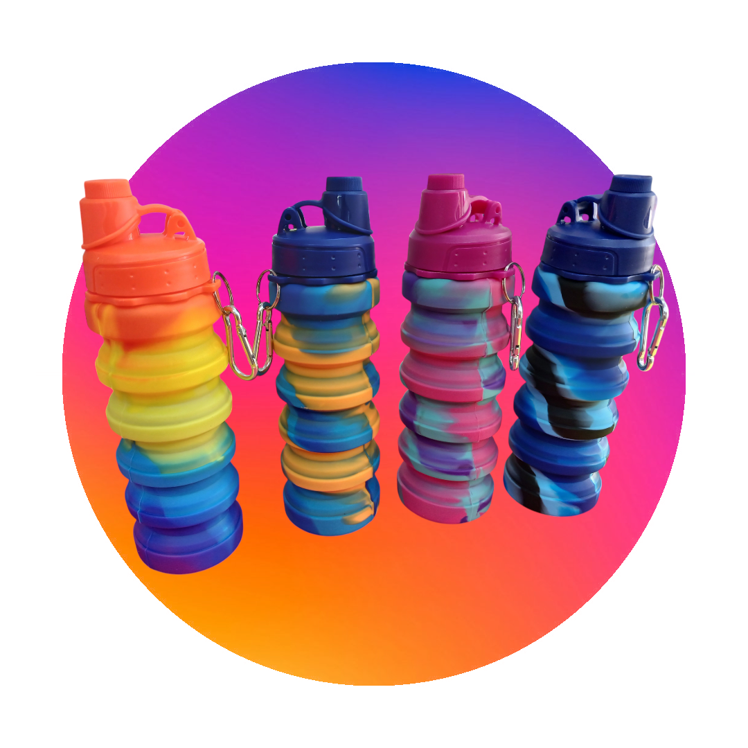 قمقمه سیلیکونی تاشو رنگین کمان کارابین دار